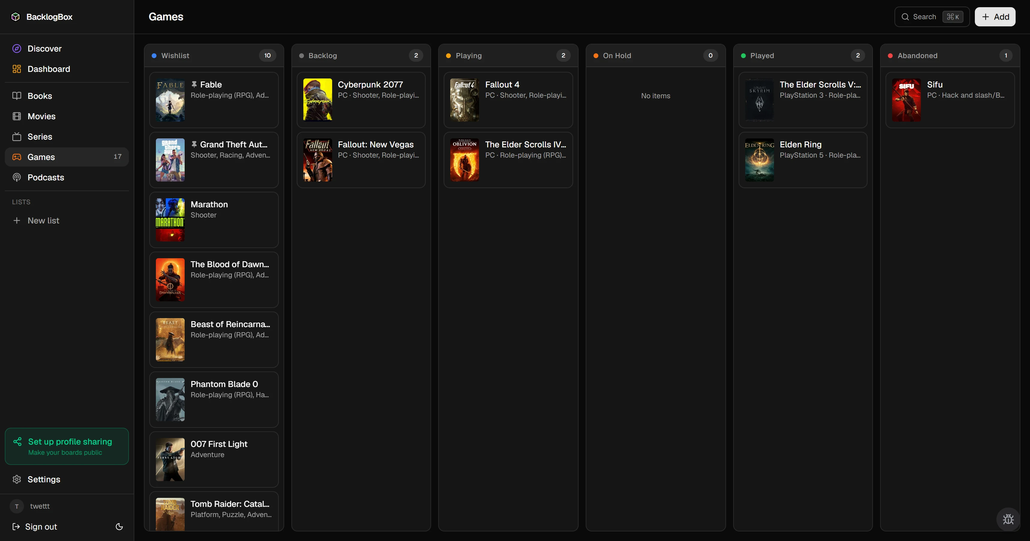 BacklogBox kanban board showing games organized across Wishlist, Backlog, Playing, and Completed columns with cover art